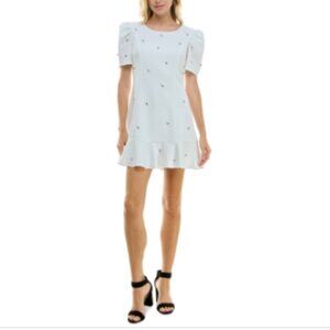 Crystal Doll Juniors' Puff-Sleeve Rhinestone-Trim Dress - White